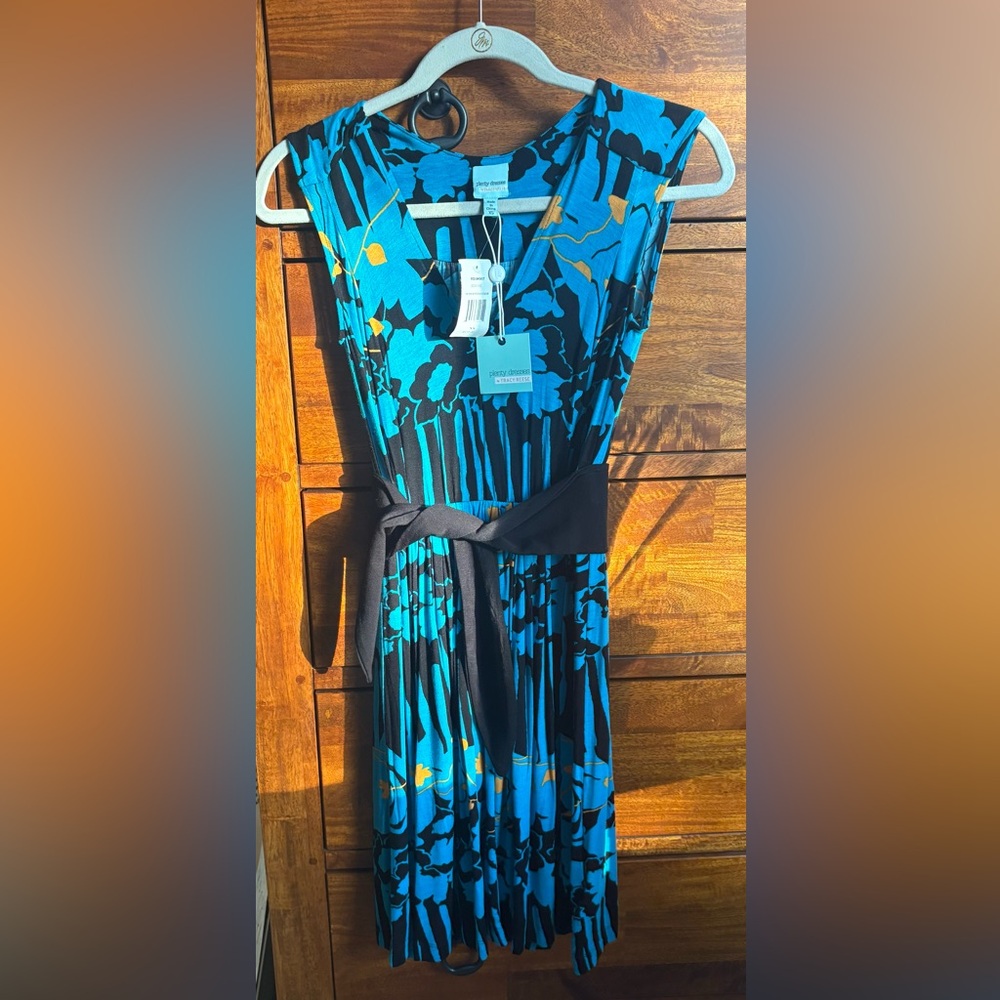 Tracy Reese Turquoise & Black Floral Wrap Dress with Mustard Accents